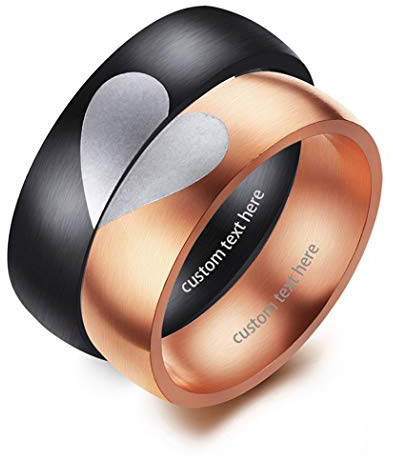 JewelryWe Schmuck Edelstahl Ring mit Gravur, Puzzle Herz Partnerringe Freundschaftsringe Eheringe Trauringe Verlobungsringe für Herren Damen, Schwarz Rosegold