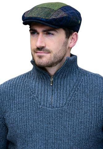 Mucros Weavers Irish Flat Cap Herren Trinity Tweed Hut Driving Cap Made in Irland, Patchwork Original, Large