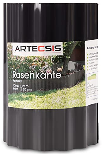 ARTECSIS 1x Rasenkante aus Kunststoff, 9 m x 20cm, Anthrazit, gewellt, Umrandung für Beete, Beeteinfassung, Rasenbegrenzung
