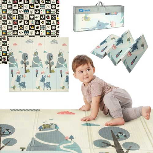 HUMBI Spielmatte Baby, Krabbelmatte, XPE Schaumstoff, Doppelseitig, Flatbar, Wasserdicht, Extra Größe, Teppich Babymatte, Rutschfest, 200x180x1 cm Pastellfarbene Straßenbäume, Hirsche