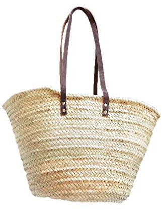 Capazo de Palma básico, cesta de fibras naturales, con asas larga de cuero curtido estilo rústico. Cesto o Bolso de mimbre para la playa (10V, aprox. 51x31 cm)