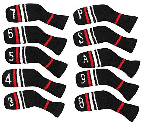 10 Pcs Golf Iron Covers Cuteness Knitted Socks Shape Washable & Durable Club Head Protector Best Gift for Golfers (Black Warning)