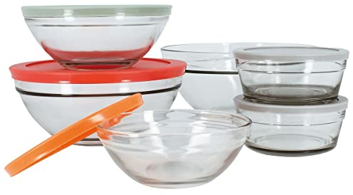 MENASTYL - Lot de 12 pièces - 6 saladiers en verre CASSIS empilables + 6 couvercles hermétiques sans BPA - 5039040-13/14/17/20/23 cm - Boites de conservation rondes hermétiques