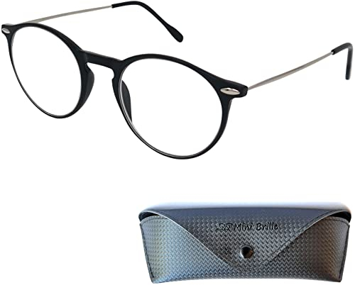 Leichte Lesebrille mit Runden Gläsern, Gratis Etui, Kunststoff Rahmen (Schwarz) mit Metall Bügeln, Lesehilfe Damen und Herren +1.5 Dioptrien