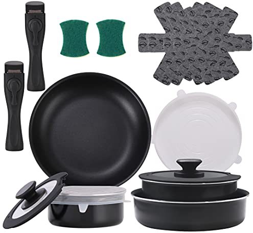 Xeeyaya 16-teiliges Kochgeschirr-Set mit abnehmbarem Griff, stapelbare Töpfe und Pfannen, antihaftbeschichtet, für Induktion, Gas, Wohnmobil, Camping, platzsparend
