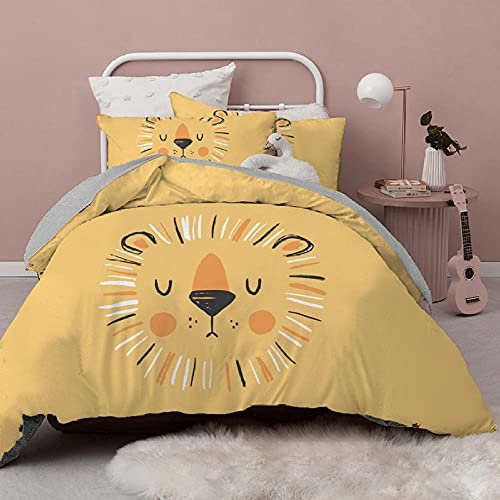 GYDGS Funda Nordica 150x200 cm - Patrón De León Amarillo Juego de Funda Nordica Cama 90 Infantil con ​Funda de Edredón de Microfibra y 2 Funda de Almohada 50x80 cm