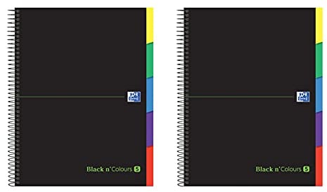 Oxford Black N'Colours Lot de 2 cahiers A4+, micro-perforés, couverture extra rigide, 100 feuilles, quadrillage 5 x 5, lot de 2 carnets, 5 onglets