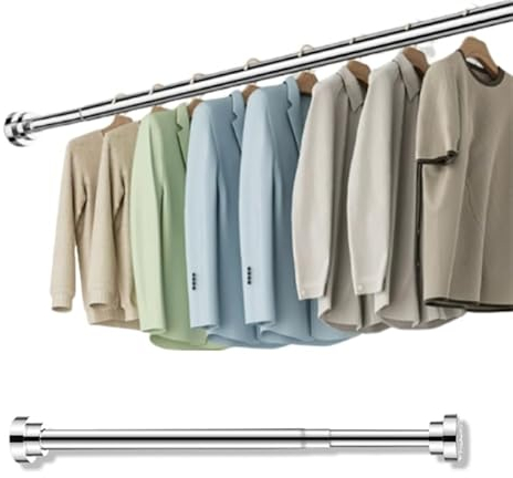 Stainless Steel Extendable Clothes Rail Pole, 40-55cm Wardrobe Rail Pole Adjustable Clothes Rail Pole, Telescopic Wardrobe Hanging Rail Shower Rail No Drilling Closet Hanging Pole Bar