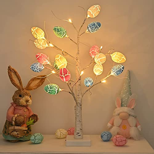 kemooie 61 cm beleuchteter weißer Birkenbaum mit 24 Ostereier-Ornamenten, 24 LED-Lichter, batteriebetrieben, Tischdekoration für Party, Geburtstag, Zuhause, Frühlingsdekoration, Innenbereich