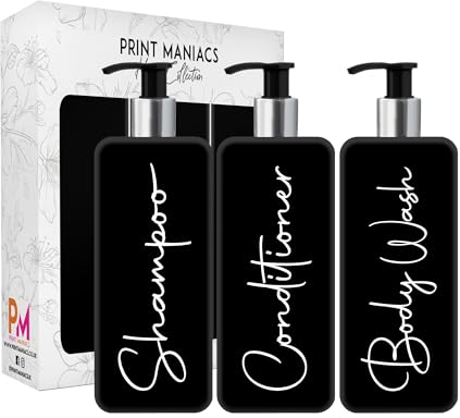 Print ManiacsMrs Hinch Inspired Signature Black 500ml Square Reusable Dispenser Bottle Silver Pump Personalised Bathroom Storage Toiletries Set F2 (White, Shamp, Con, Body Wash)