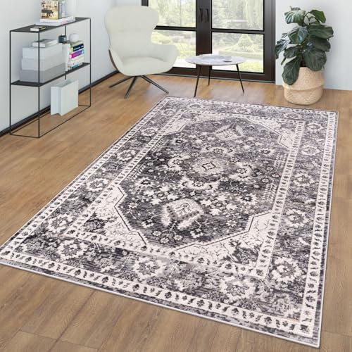 TT Home Wohnzimmer Teppich Kurzflor Marokkanisches Design Umrandung Mandala Used Look, Farbe:Grau Beige, Größe:60x100 cm