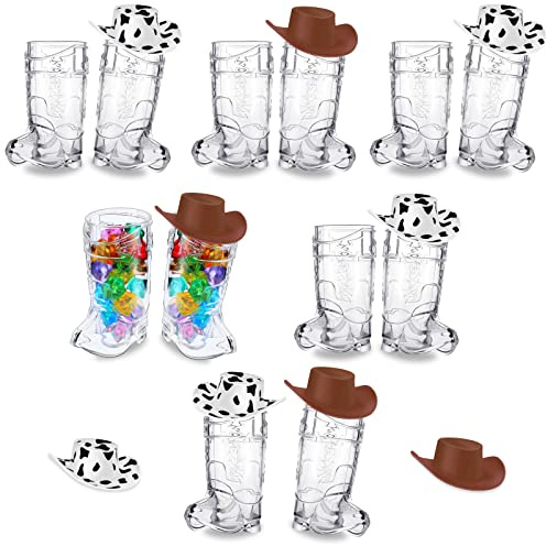 Sawysine 24 Pcs Mini Cowboy Boot Shot Glass Cups Western Cowgirl Hat and Plastic Cowboy Boot Glasses Set Miniature Hat Funny Toys for Cowgirl Theme Party Supplies(Cow Print, Brown)
