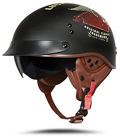 BOSERMEM Motorradhelm Mit Schutzbrille DOT/ECE-Zugelassen, Jethelm Roller-Helm Scooter-Helm Moped Mofa-Helm Chopper Vintage(Mattschwarz Lucky, XXL 63-64cm)
