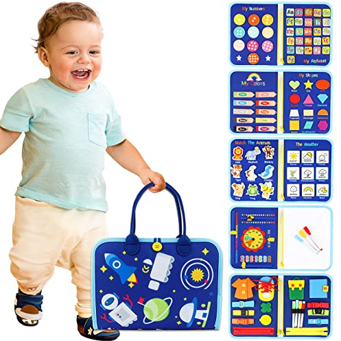 deAO Beschäftigungstafel für Kleinkinder,sensorisches Montessori-Spielzeug,Busy Board 10 Seiten Aktivitätstafel Grundwissen Lernen,ruhiges Buch für Kinder,Vorschul-Lernaktivitäten für Feinmotorik