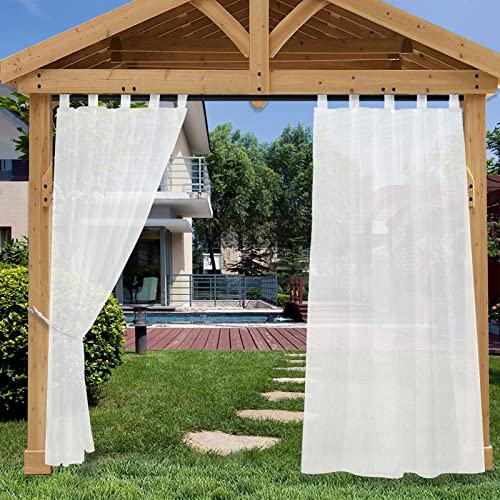Heavyoff Outdoor Vorhang Wasserdicht Weiss Transparent Gardinen mit Abnehmbaren Schlaufen Leinenoptik Outdoorvorhänge für Gartenlaube Balkon Terrasse Pavillon 1 Stück, 132x213cm