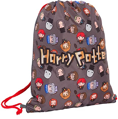Harry Potter Chibi Turnbeutel mit Kordelzug für Kinder, Turnbeutel, Schwimmtasche, Schule, Kindergarten, Rucksack, Grau / Rot, Einheitsgröße, Beutel mit Kordelzug