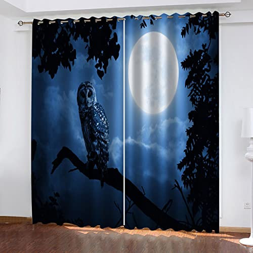 Blickdichte Vorhänge Mit Motiv 3D Vollmond Eule Nachtszene Kinder Gardinen Blickdicht Ösen Gardine Thermo 264x214 cm Schlafzimmer Kinderzimmer Vorhänge Dekoratives Muster, Verdunklungsvorhänge