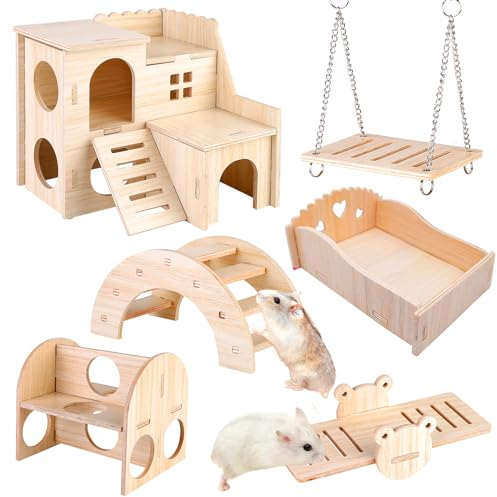 Holz Spielzeug Für Hamster, 6 Stück Kauspielzeug, DIY Haus Brücke Wippe Schaukel Käfig Dekor Zubehör Für Rennmaus, Meerschweinchen, Chinchilla, Kaninchen, Vögel