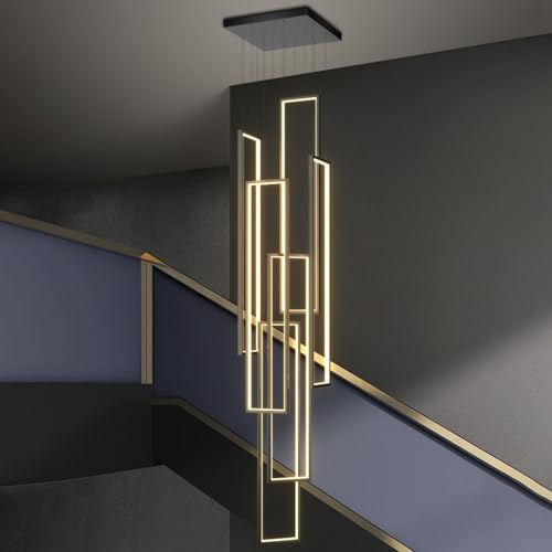 PANNN Modern Dimmable LED Pendant Light with Remote Control, Adjustable Height, 230W, Black, 6 Rings Rectangle Chandelier for High Ceiling, Foyer, Hotel