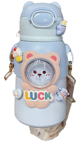 Yolispa Botella de agua Kawaii de 500 ml para botella de agua aislada de acero inoxidable con cepillo y adhesivo 3D para mantener el calor y el frío