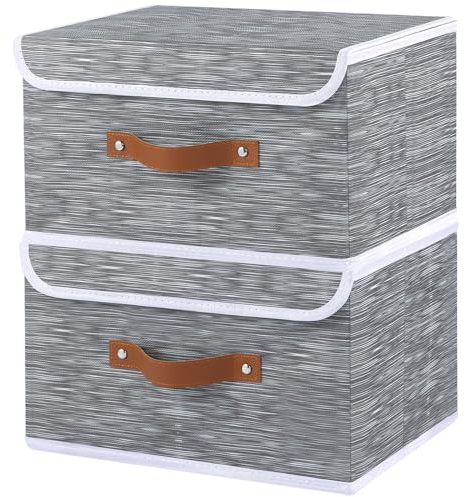 OUTBROS Storage Organizer with Lids, Cube Cabinet Boxes with Artificial Leather Handles, Fabric Foldable Bins, 33 X 23 X 20 cm, Stripe, 2-Pack