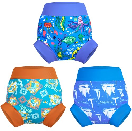 MOEMOE BABY Couches de Bain Réutilisables, Couche de Natation pour Bébés,Imperméable Couche Piscine pour Garçon et Fille,3 Paquets,Voilier+Chien+Baleine,1-2 Ans