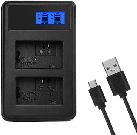 NP-FW50 Camera Battery Charger LCD Dual Charging Slots for Sony A6000, A6300, A6400, A7S2, etc