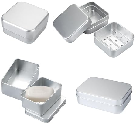 4 Pcs Soap Dish Aluminum, Rectangular Soap Box with lid Drain in Three Layers Storage Tray Plate, Square Soap Case, Soap Tin for Bathroom,Kitche,Soap,Home, Bathroom, School, Travel(Silver)