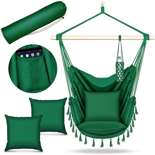 tillvex Hängesessel 150kg zum Aufhängen | Hängestuhl Indoor & Outdoor | Hängekorb wetterfest | Schaukelkorb mit Kissen (Grün, Mit 2 Kissen)