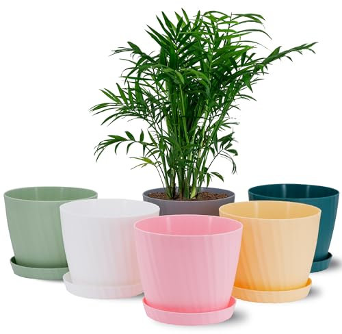 Gardrium 6 Pots de Fleurs en Plastique Plantes,avec Plateaux Convient aux Semis Cactus Plantes Succulentes Orchidées Herbes, avec Trous de Drainage 17,5 cm Couleur