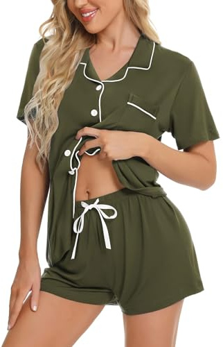 SWOMOG Women Pyjamas Set Short Sleeve Sleepwear Womens Button Down Nightwear PJ Set with Pockets Army Green