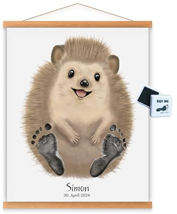 Baby Fußabdruck Poster inkl. Farbe Kinder 0-4 Jahre Fußabdrücke auf Tier Geschenk Geburt Taufe 1. 2. 3. 4. Geburtstag Junge Mädchen (A3 | Kind bis ca. 4 Jahre | Fußlänge bis ca. 15 cm, Igel)