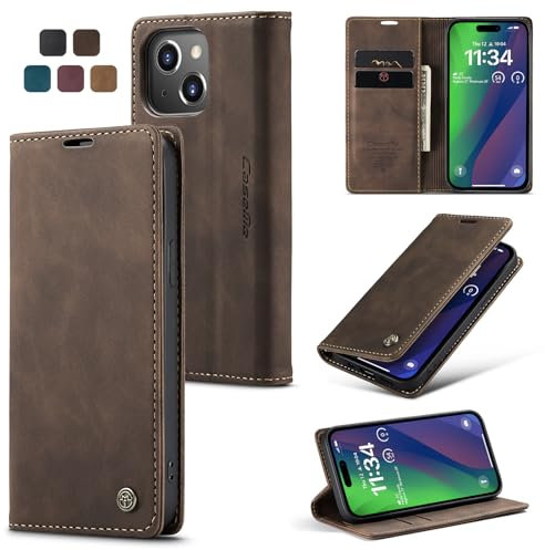 Cracedily for iPhone 15 Case, Wallet Case Flip Leather with Card Holder Magnetic Closure Shockproof Kickstand Protective Phone Cases Cover for iPhone 15, Coffee