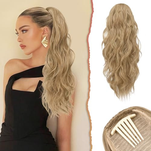 Sofeiyan Ponytail Extension, 60 cm Gewellt Pferdeschwanz Haarteil mit Kordelzug Lang Zopf Pferdeschwanz Synthetisch Comb Clip in Haarteile Pferdeschwanz Haarverlängerung für Frauen, Blond & Aschblond