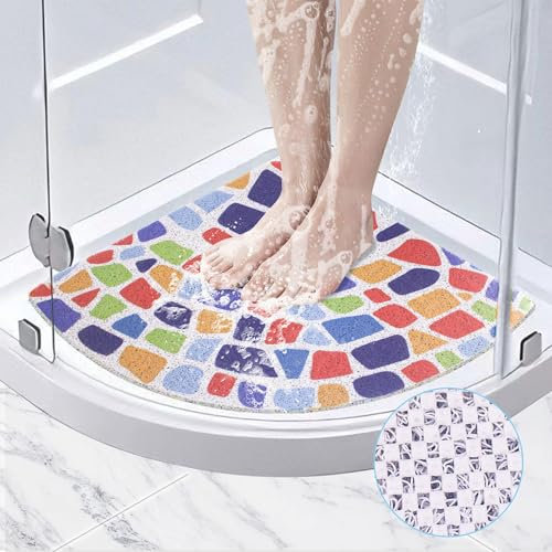 Corner Shower Mat Non Slip Anti Mould, 60 x 60 cm Loofah Triangular Shower Mats for Inside Shower, Soft PVC Quadrant Shower Mat with Drain for Elderly, Curved Bath Mat for Wet Room, Quick Dry