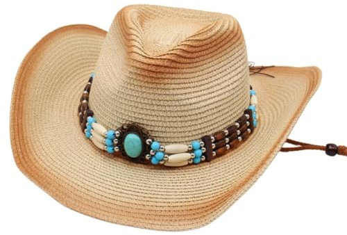 Ethnischer Stil Strohhut Jazz Western Cowboy Hüte mit Saphir-Dekor, Reisen, Landhut, Damen, Sonnenschutzkappe, Beige, Braun, Grau, Lanz, 6 7/8/7 1/8