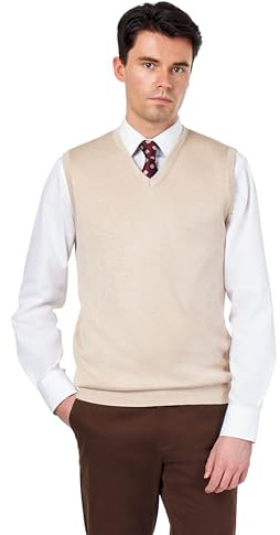 Men’s Knitted 100% Cotton Beige Sleeveless Jumper V-Neck Vest [JUMPER-VEST-543-BEIGE-3XL]
