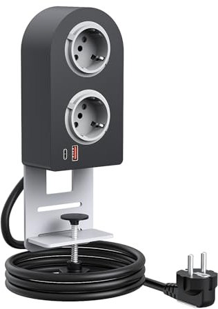 BQO 2 Fach Tischsteckdose mit und Typ-C PD20W, 4 in 1 Mehrfachsteckdose 2 USB mit Schalter, Steckdosenleiste Schreibtisch mit 1.5 M Kabel für Zuhause Büro, Schwarz