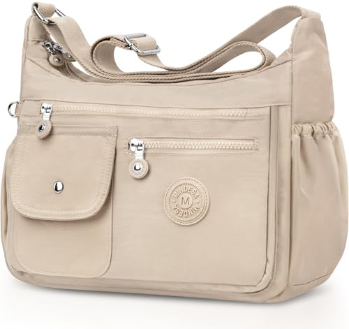 BTNEEU Umhängetasche Damen Groß Nylon Crossbody Bag Wasserdicht Gross Handtasche mit Vielen Fächern Leicht Schultertasche Mittelgroß Verstellbarer Messenger Bag für Einkaufen, Reisen, Schule (Beige)