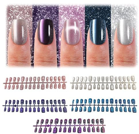 AstraGlam 3D Cat Eye Press On Nails with 15 Different Sizes, Stick on Nails with Soft Gel in Five Colors, Ideal for Nail Salons and DIY
