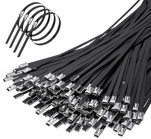 HOTUT Fascette in Acciaio Inox, 200 Pezzi, 300 x 4.6 mm, Autobloccanti, Nero
