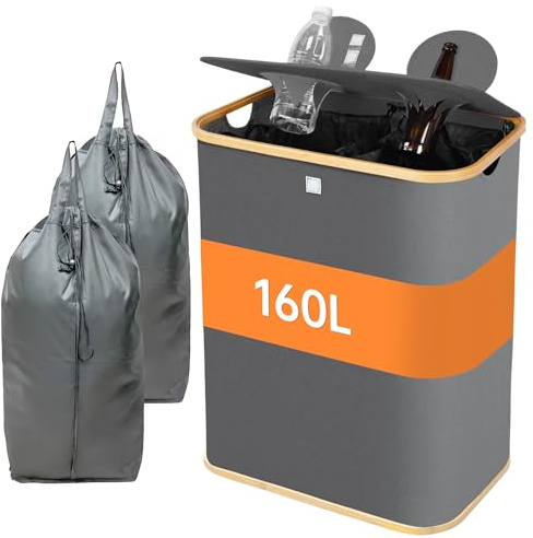 daqoupzi 160L Pfandflaschen Sammelbehälter，Pfandflaschen Behälter mit Deckel（inkl. 2 XXL Tragetasche），Flaschensammler Leergut 2 Fächer，Leergut Sammelbehälter，Flaschenbehälter zum Sammeln (grau)