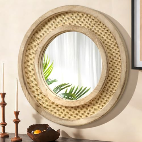 JJUUYOU Holzspiegel mit Holzrahmen, Kreisspiegel für Wand, 50 cm, rund, Hängespiegel für Wohnzimmer, Badezimmer, Waschtisch, Eingang, Flur, Braun