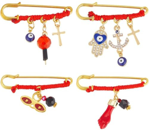PH PandaHall 4 estilos de broches de mal de ojo con cuerda roja de diamantes de imitación de ojo azul, broche de mano rojo de la suerte, pines de protección para mujer, ropa, bolsos, bufandas