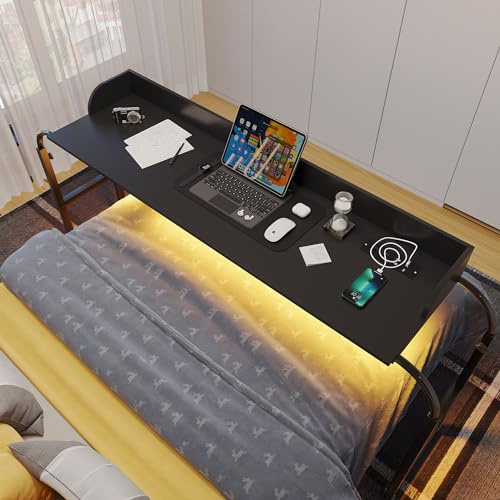 FREDEES Beistelltisch mit Verstellbarer Höhe, Beistelltisch Bett mit Rollen für Den Heimgebrauch, Betttisch mit Steckdosen und LED-Beleuchtun, Schwarz