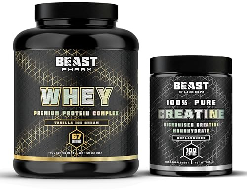Beast Whey Protein Powder 2kg + Creatine 500g 2 Pack Bundle for Strength and Muscles - Vanilla Whey and Unflavoured Creatine