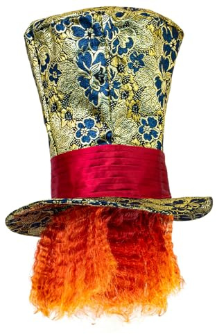 TrendandStylez Verrückter Hutmacher Hut mit Haaren | Hoher Zylinder als Kostüm Zubehör für Alice im Wunderland | Bunte Mütze für Herren & Damen zu Karneval, Fasching & Mottoparty