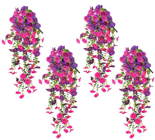 QIMMU 4 Pezzi Pianta Finta Cadente,Pianta Finta Petunia Cadente,Piante Artificiali Pendenti,Fiori Artificiali Da Appendere,Petunie Fiori Artificiali Cadenti,Per Interni Ed Esterni,Pareti E Balconi
