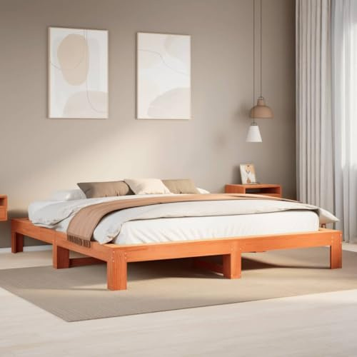 Hoopleep Lit en pin massif marron cire, 180 x 200 cm, cadre de lit robuste, sans matelas avec sommier à lattes, pieds en bois stables pour chambre à coucher, sommeil réparateur, design durable