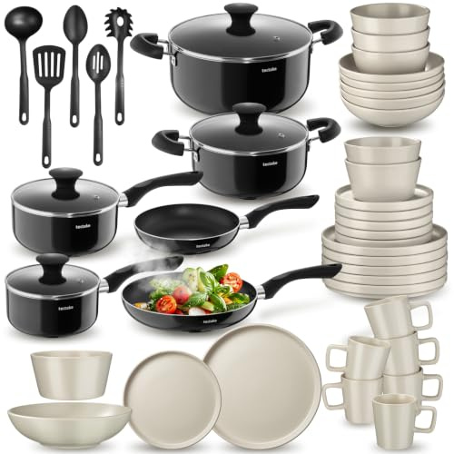 tectake®, Set cucina completo, 45 pezzi, set servizio piatti per 6 persone, moderni, 6 ciotole e tazze, 18 piatti eleganti, 2 pentole, casseruole, padelle antiaderenti, coperchi - Nero/Tortora